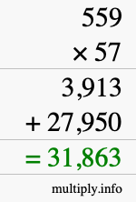 How to calculate 559 times 57 using long multiplication
