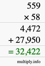 How to calculate 559 times 58 using long multiplication