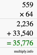 How to calculate 559 times 64 using long multiplication
