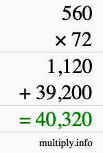 How to calculate 560 times 72 using long multiplication