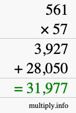 How to calculate 561 times 57 using long multiplication