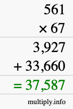 How to calculate 561 times 67 using long multiplication