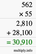 How to calculate 562 times 55 using long multiplication