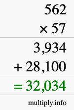 How to calculate 562 times 57 using long multiplication