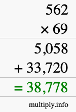 How to calculate 562 times 69 using long multiplication