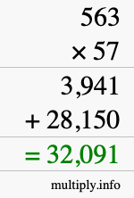 How to calculate 563 times 57 using long multiplication