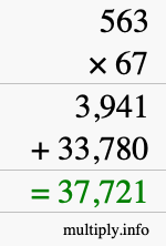 How to calculate 563 times 67 using long multiplication