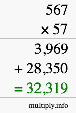 How to calculate 567 times 57 using long multiplication
