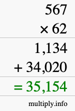 How to calculate 567 times 62 using long multiplication