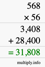 How to calculate 568 times 56 using long multiplication
