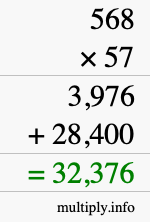 How to calculate 568 times 57 using long multiplication