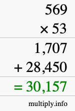 How to calculate 569 times 53 using long multiplication