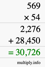 How to calculate 569 times 54 using long multiplication