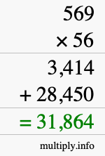 How to calculate 569 times 56 using long multiplication