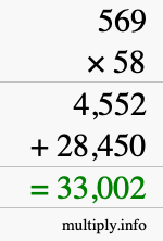 How to calculate 569 times 58 using long multiplication