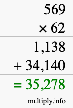 How to calculate 569 times 62 using long multiplication
