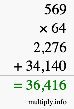 How to calculate 569 times 64 using long multiplication