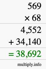 How to calculate 569 times 68 using long multiplication