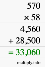 How to calculate 570 times 58 using long multiplication