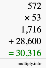 How to calculate 572 times 53 using long multiplication