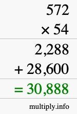 How to calculate 572 times 54 using long multiplication