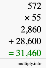 How to calculate 572 times 55 using long multiplication