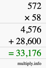 How to calculate 572 times 58 using long multiplication