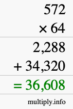 How to calculate 572 times 64 using long multiplication