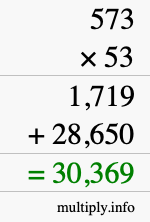 How to calculate 573 times 53 using long multiplication