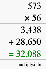 How to calculate 573 times 56 using long multiplication