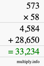How to calculate 573 times 58 using long multiplication