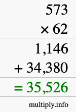 How to calculate 573 times 62 using long multiplication