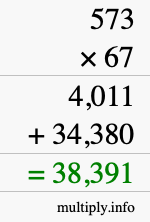 How to calculate 573 times 67 using long multiplication