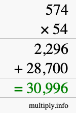 How to calculate 574 times 54 using long multiplication