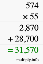 How to calculate 574 times 55 using long multiplication