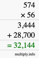 How to calculate 574 times 56 using long multiplication