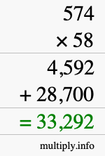 How to calculate 574 times 58 using long multiplication