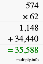 How to calculate 574 times 62 using long multiplication