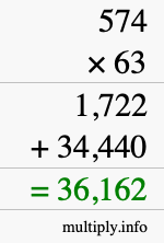 How to calculate 574 times 63 using long multiplication