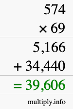 How to calculate 574 times 69 using long multiplication
