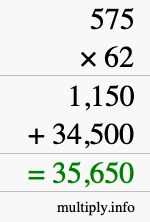 How to calculate 575 times 62 using long multiplication
