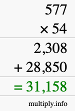 How to calculate 577 times 54 using long multiplication