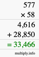 How to calculate 577 times 58 using long multiplication