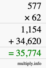 How to calculate 577 times 62 using long multiplication