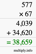 How to calculate 577 times 67 using long multiplication