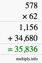 How to calculate 578 times 62 using long multiplication