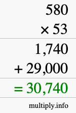 How to calculate 580 times 53 using long multiplication