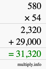 How to calculate 580 times 54 using long multiplication