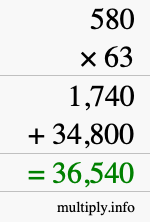 How to calculate 580 times 63 using long multiplication