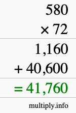 How to calculate 580 times 72 using long multiplication